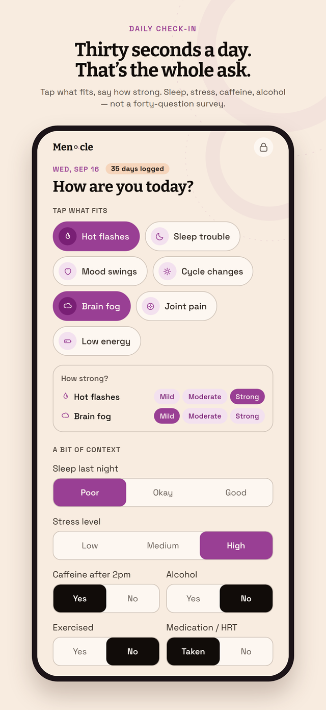 Daily check-in: tap the symptoms that fit and rate how strong