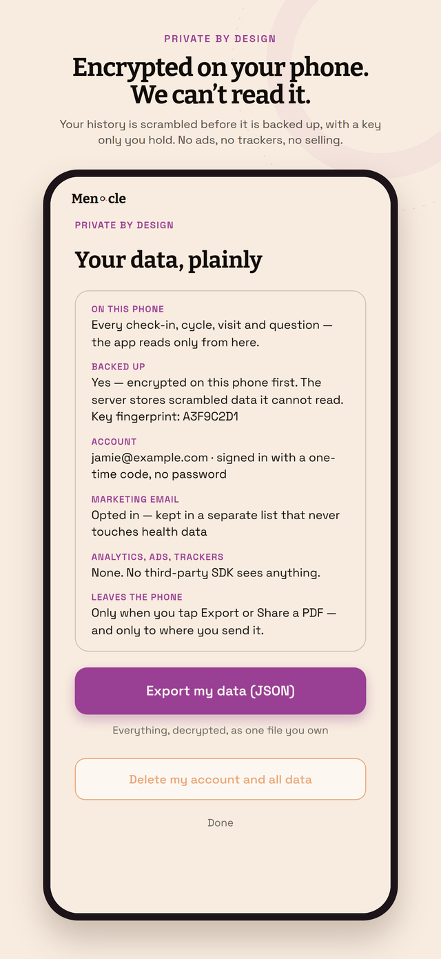 Privacy screen: encrypted backup, export everything, delete everything